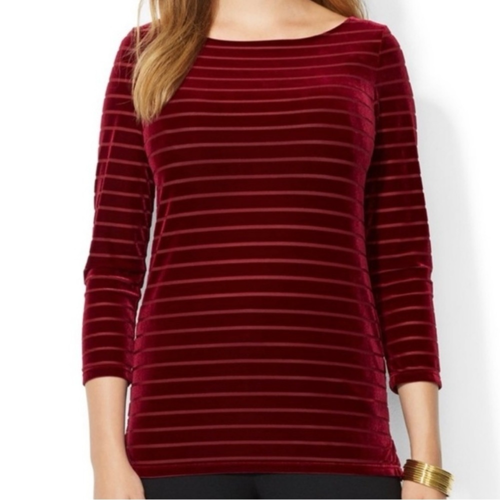 Lauren Ralph Lauren Velvet Burnout Top Sz 1X Sheer Stripes Burgandy Womens